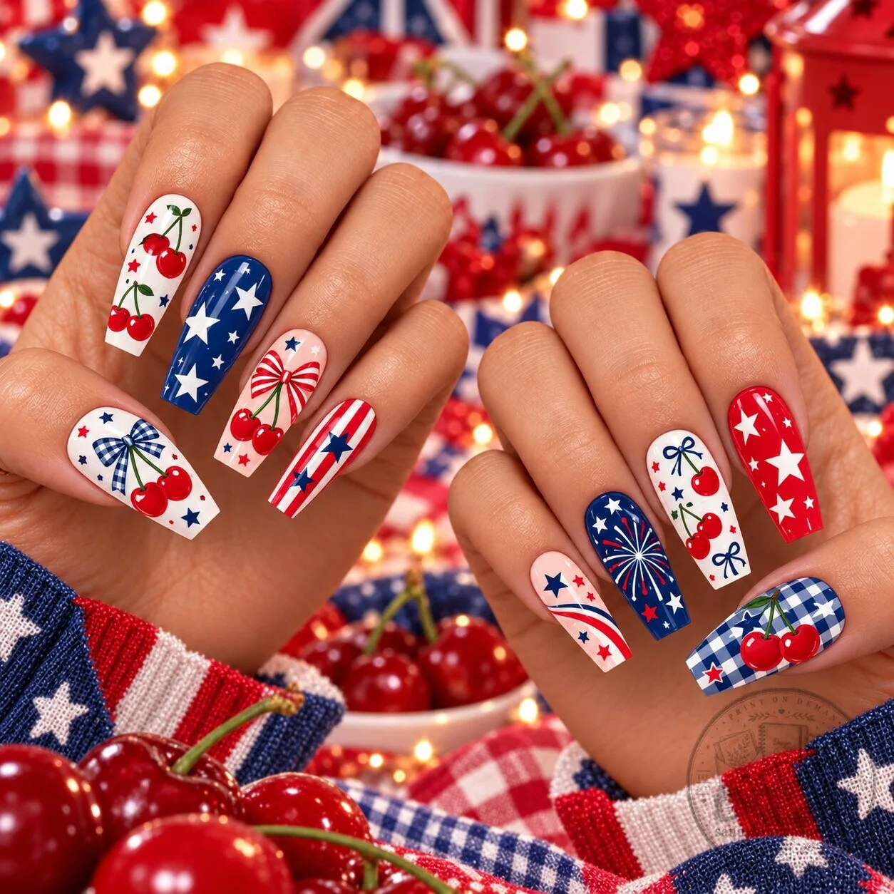 Patriotic Cherry Star Striped Press-On Nails Set for Independence Day