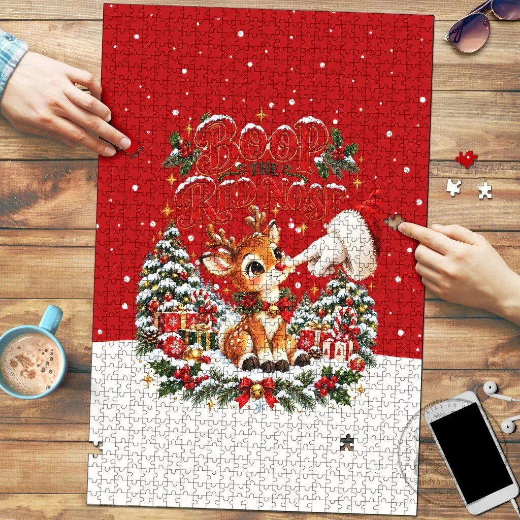 Cute Reindeer Boop The Red Nose Christmas Festive Winter Holiday Jigsaw Puzzle