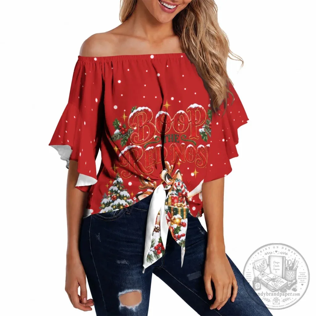 Cute Reindeer Boop The Red Nose Festive Vintage Winter Snow Off Shoulder Top Cute Reindeer Boop The Red Nose Festive Vintage Winter Snow Off Shoulder Top