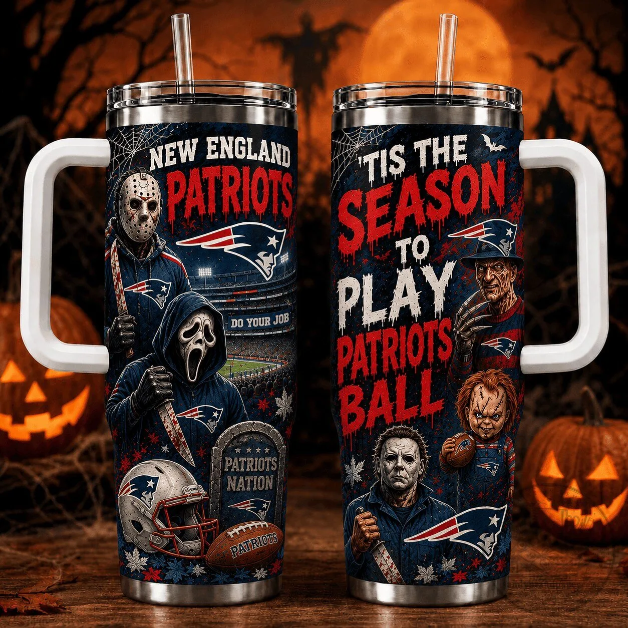 New England Patriots Halloween Horror Movie Characters Football Fan Tumbler