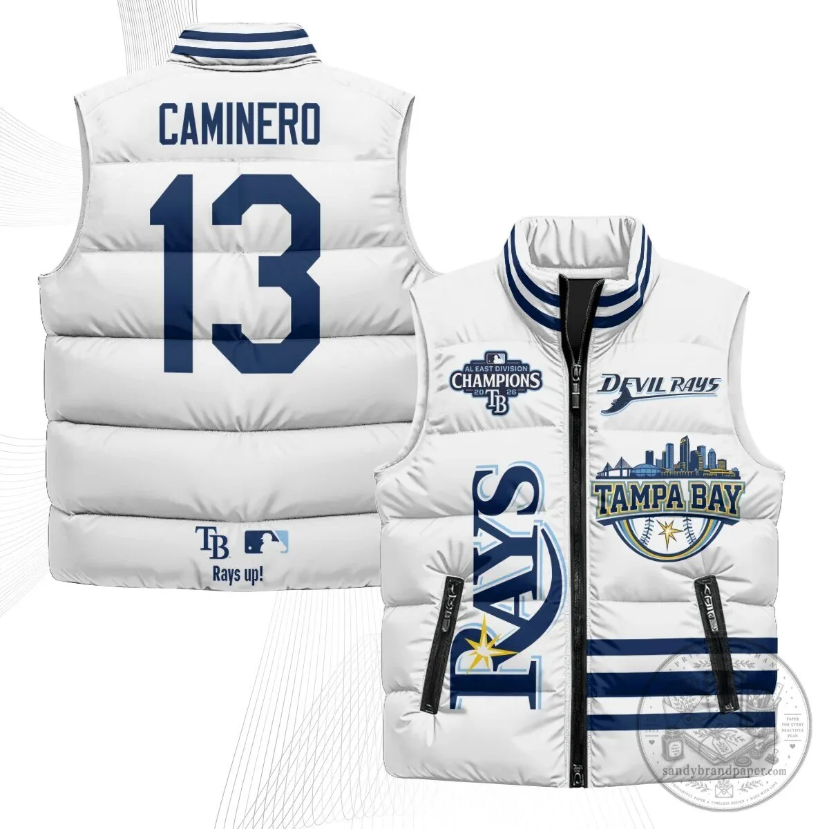 Tampa Bay Rays MLB Baseball Team White Puffer Vest with Caminero 13 Print