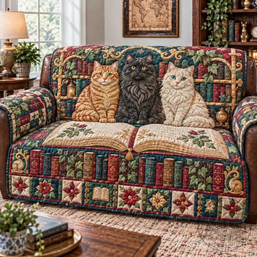 Cat Book Whispers Quilted Sofa Cover with Feline Friends and Library Books Design 33 Cat Book Whispers Quilted Sofa Cover with Feline Friends and Library Books Design