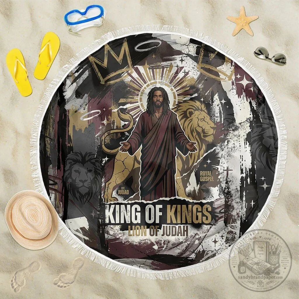 King of Kings Lion of Judah Jesus Christ Black Beach Blanket with Fringe