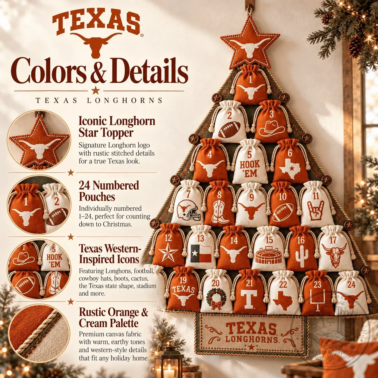 Texas Longhorns Christmas Tree Advent Calendar with 24 Numbered Pouches