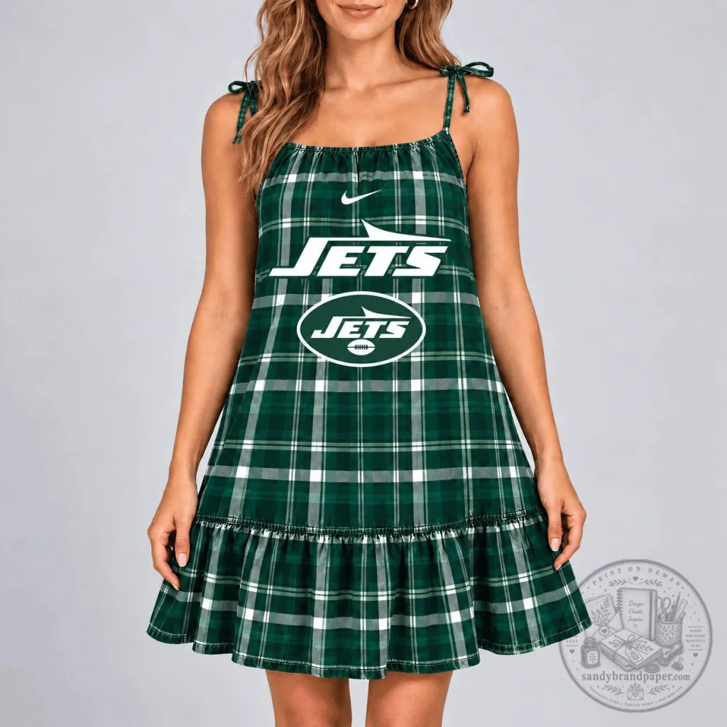 New York Jets Plaid Tie-Strap Ruffle Hem Dress for Women New York Jets Plaid Tie-Strap Ruffle Hem Dress for Women
