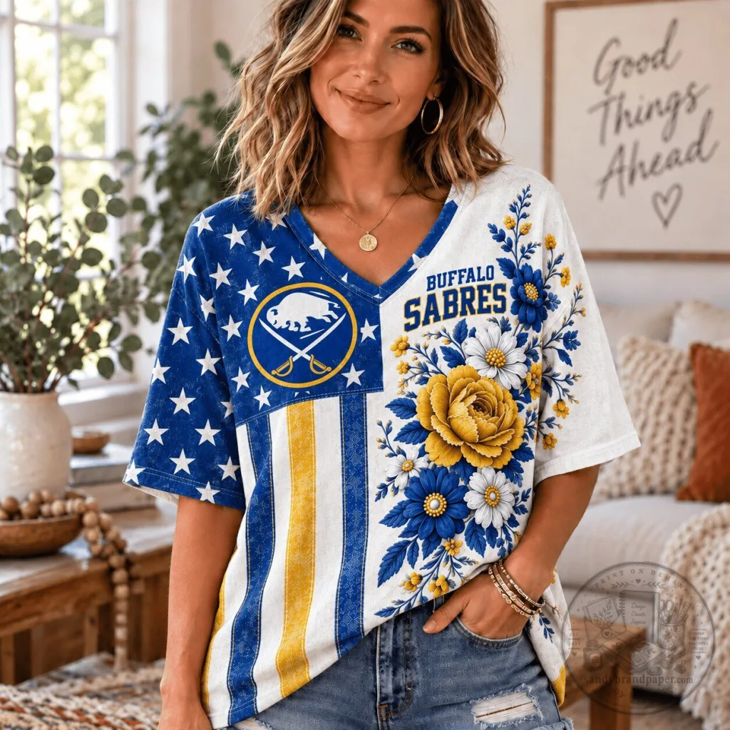 Buffalo Sabres NHL Fan Shirt for Women - Patriotic Floral V-Neck T-Shirt Buffalo Sabres NHL Fan Shirt for Women - Patriotic Floral V-Neck T-Shirt