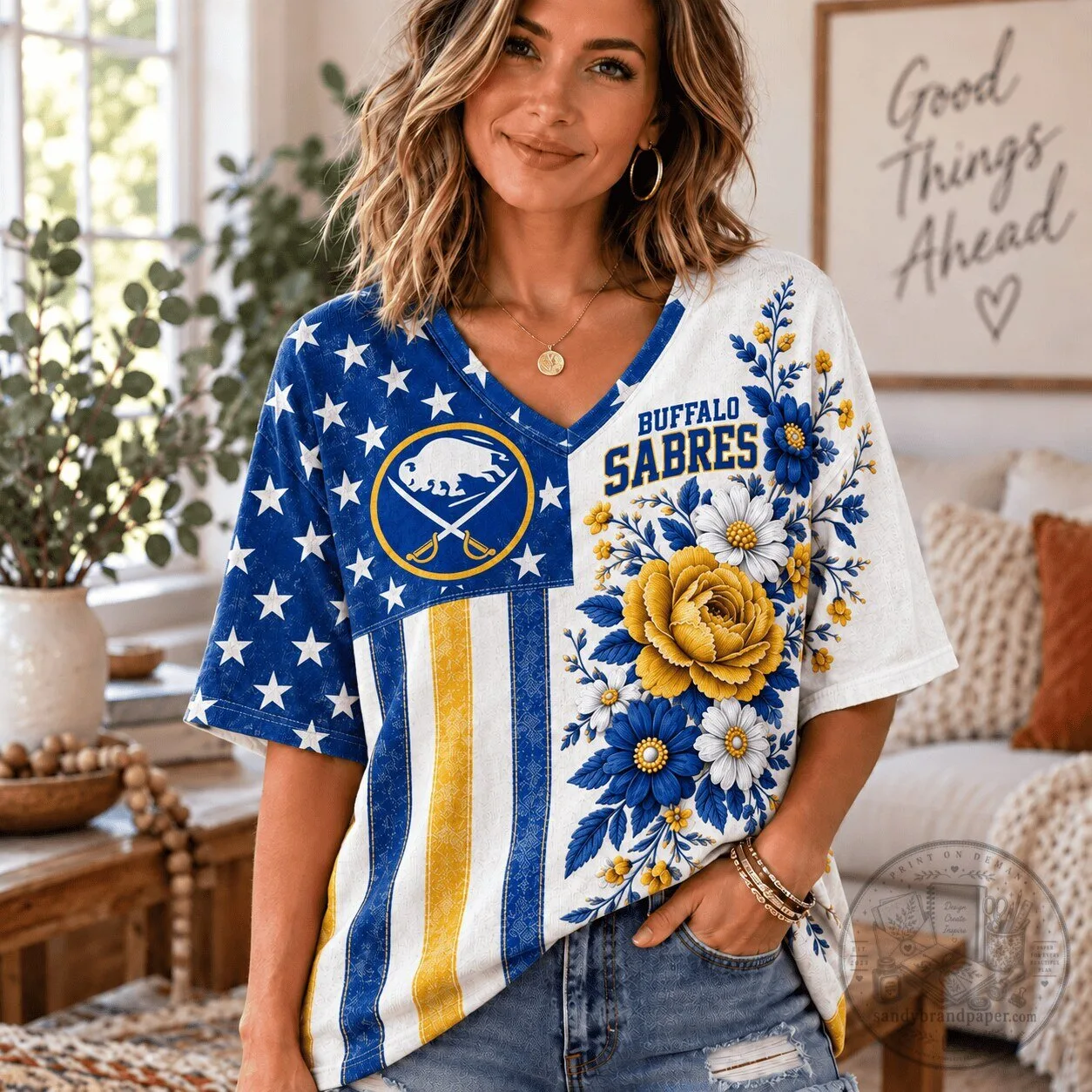Buffalo Sabres NHL Fan Shirt for Women – Patriotic Floral V-Neck T-Shirt
