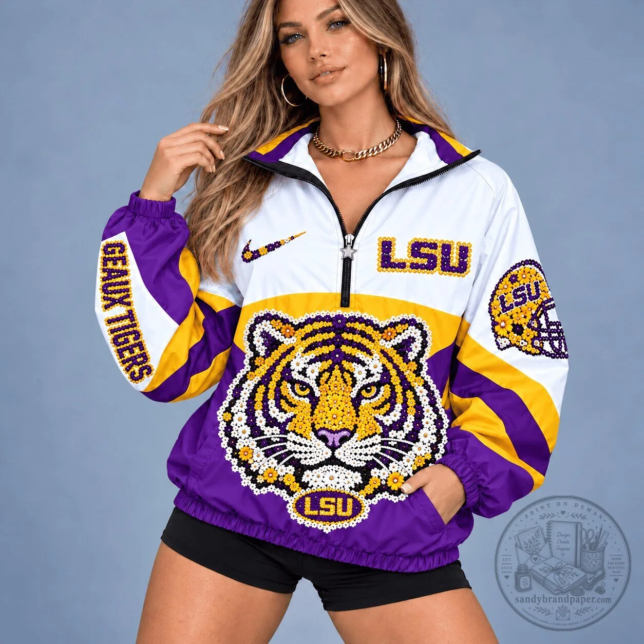 LSU Tigers Floral Mascot Heritage V-Neck Zipper Jacket