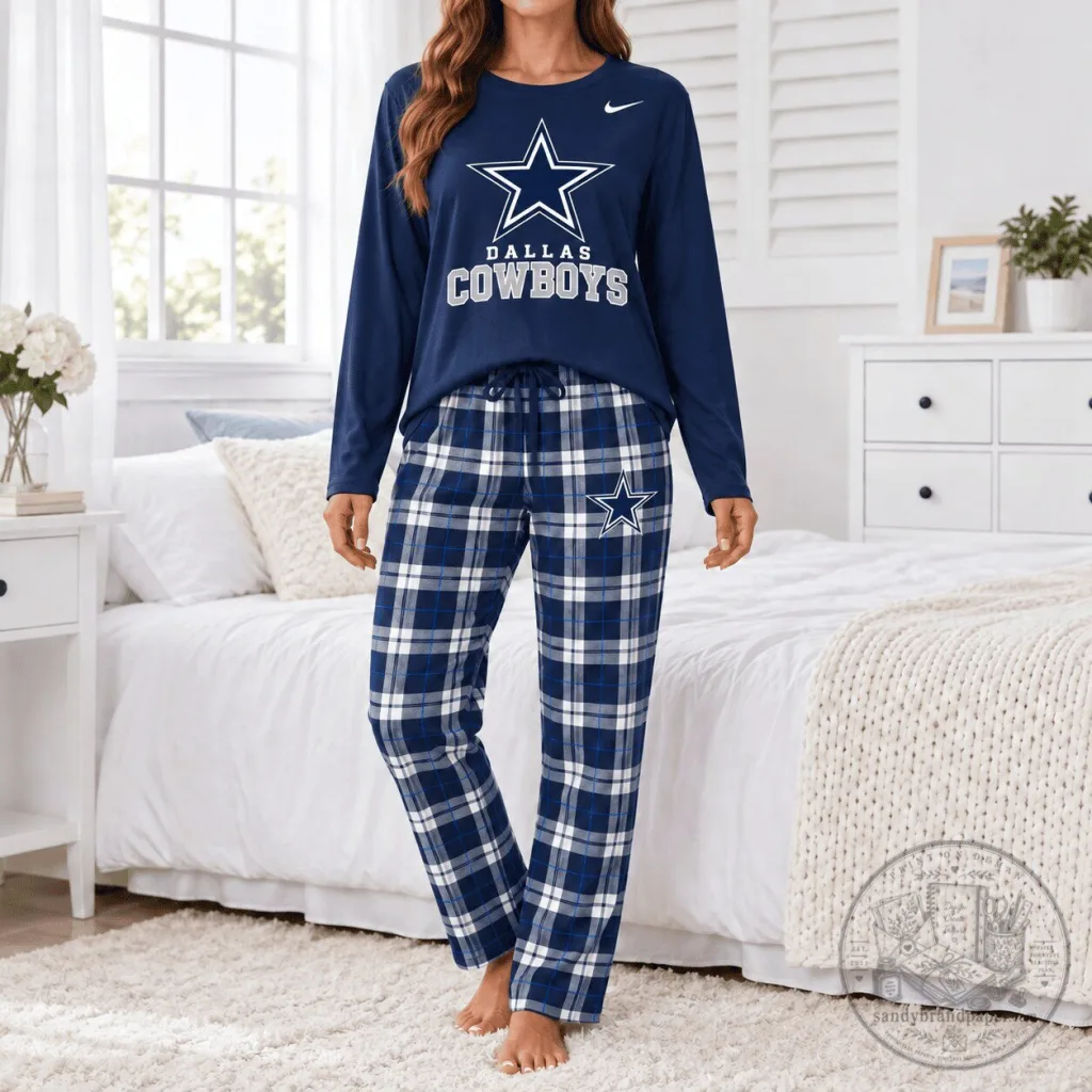 Dallas Cowboys Pajamas Set for Women, Long Sleeve Shirt and Plaid Pants Dallas Cowboys Pajamas Set for Women, Long Sleeve Shirt and Plaid Pants
