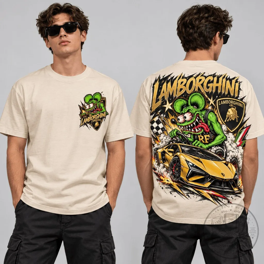 Lamborghini Rat Fink Supercar Racing Graphic T-Shirt for Exotic Car Enthusiasts Lamborghini Rat Fink Supercar Racing Graphic T-Shirt for Exotic Car Enthusiasts