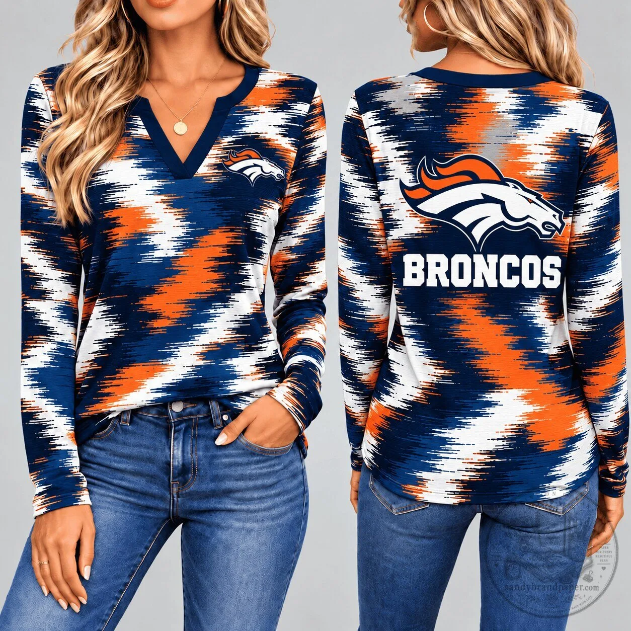 Denver Broncos Dynamic Brushstroke V-Neck Long Sleeve Shirt for Women