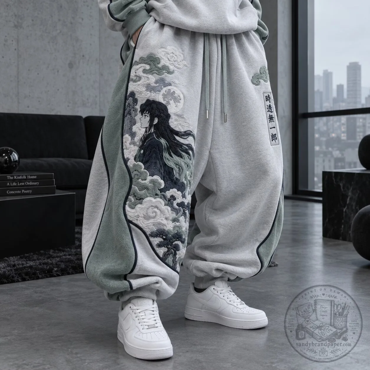 Anime Embroidered Clouds Japanese Style Baggy Sweatpants
