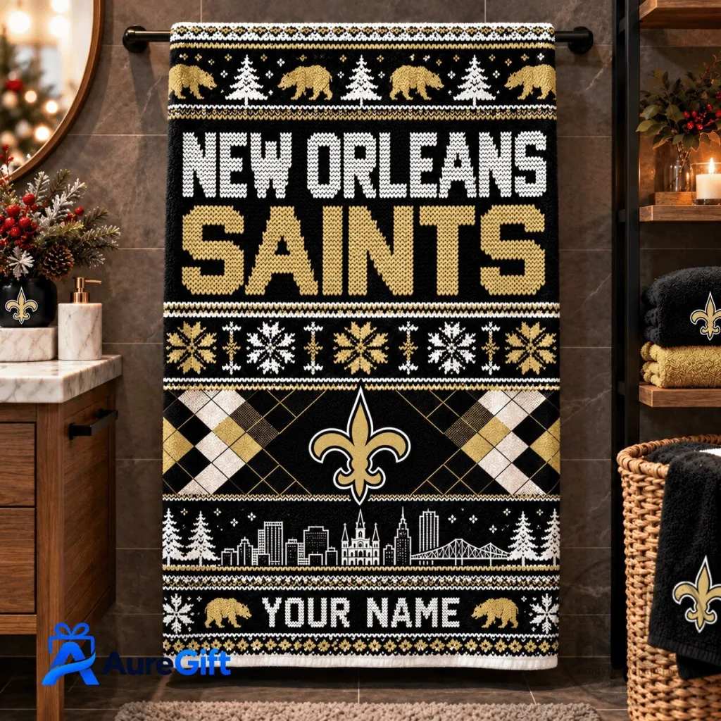 New Orleans Saints Christmas Ugly Sweater Style Bath Towel New Orleans Saints Christmas Ugly Sweater Style Bath Towel