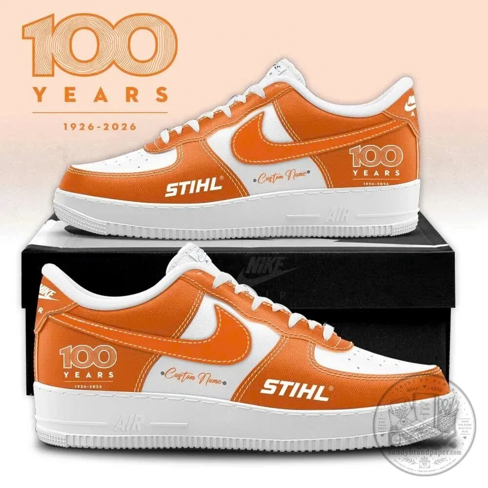 Custom Name Orange and White Sneakers for Stihl 100th Anniversary Celebration