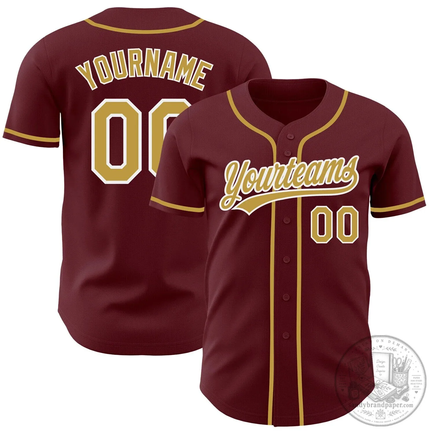 Personalized Authentic Baseball Jersey in Burgundy, Gold, and White with Your Name and Number