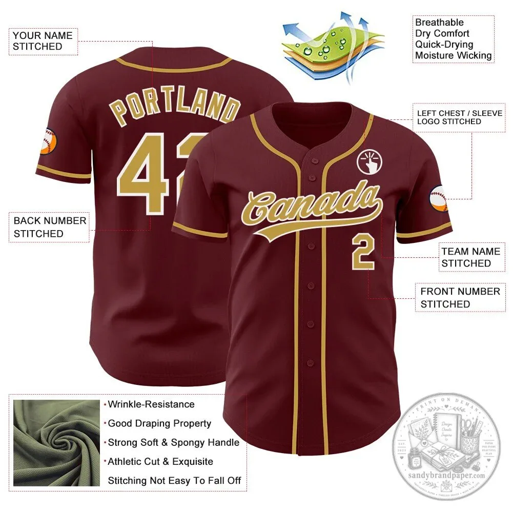 Personalized Authentic Baseball Jersey in Burgundy, Gold, and White with Your Name and Number 7 Personalized Authentic Baseball Jersey in Burgundy, Gold, and White with Your Name and Number
