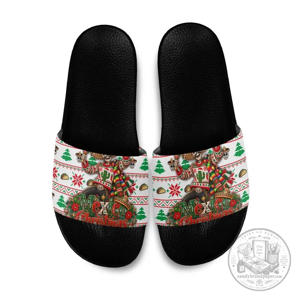 Mexico Christmas Fiesta Skeleton Sombrero Ugly Fair Isle Slide Sandals