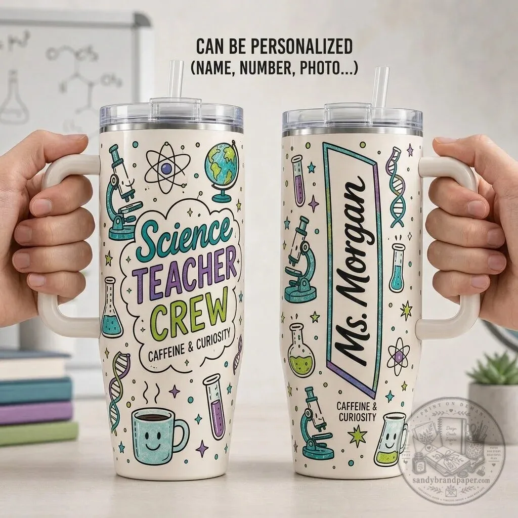 Personalized Science Teacher Crew Tumbler with Handle - Caffeine and Curiosity Gift