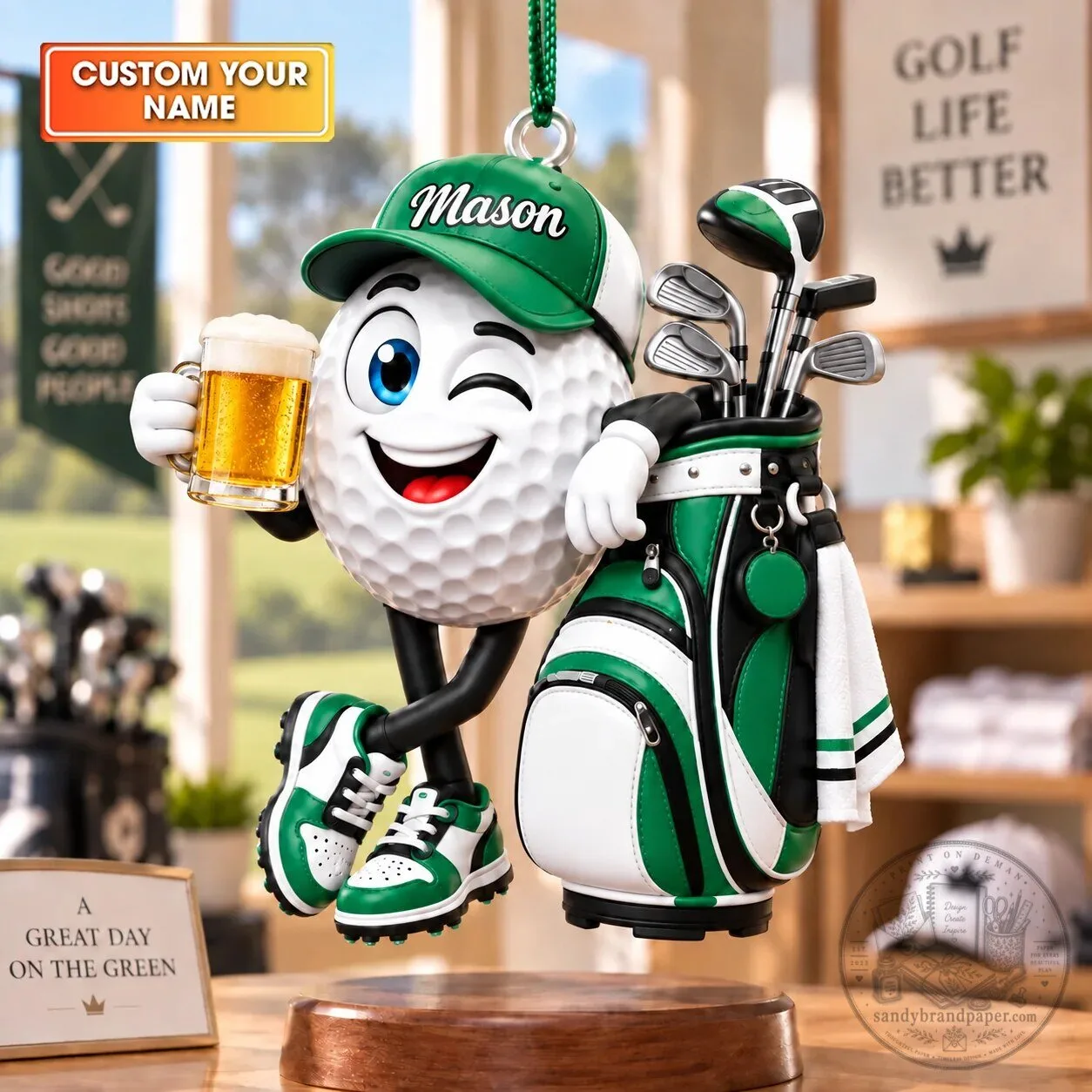 Personalized Golf Ball Character Ornament with Beer Mug and Golf Bag