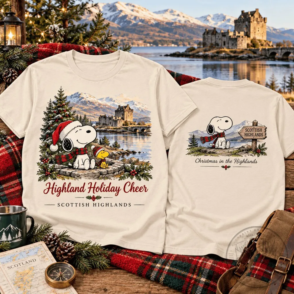 Snoopy and Woodstock Highland Holiday Cheer Scottish Highlands Christmas T-Shirt Snoopy and Woodstock Highland Holiday Cheer Scottish Highlands Christmas T-Shirt