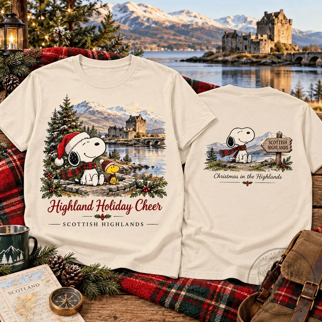 Snoopy and Woodstock Highland Holiday Cheer Scottish Highlands Christmas T-Shirt