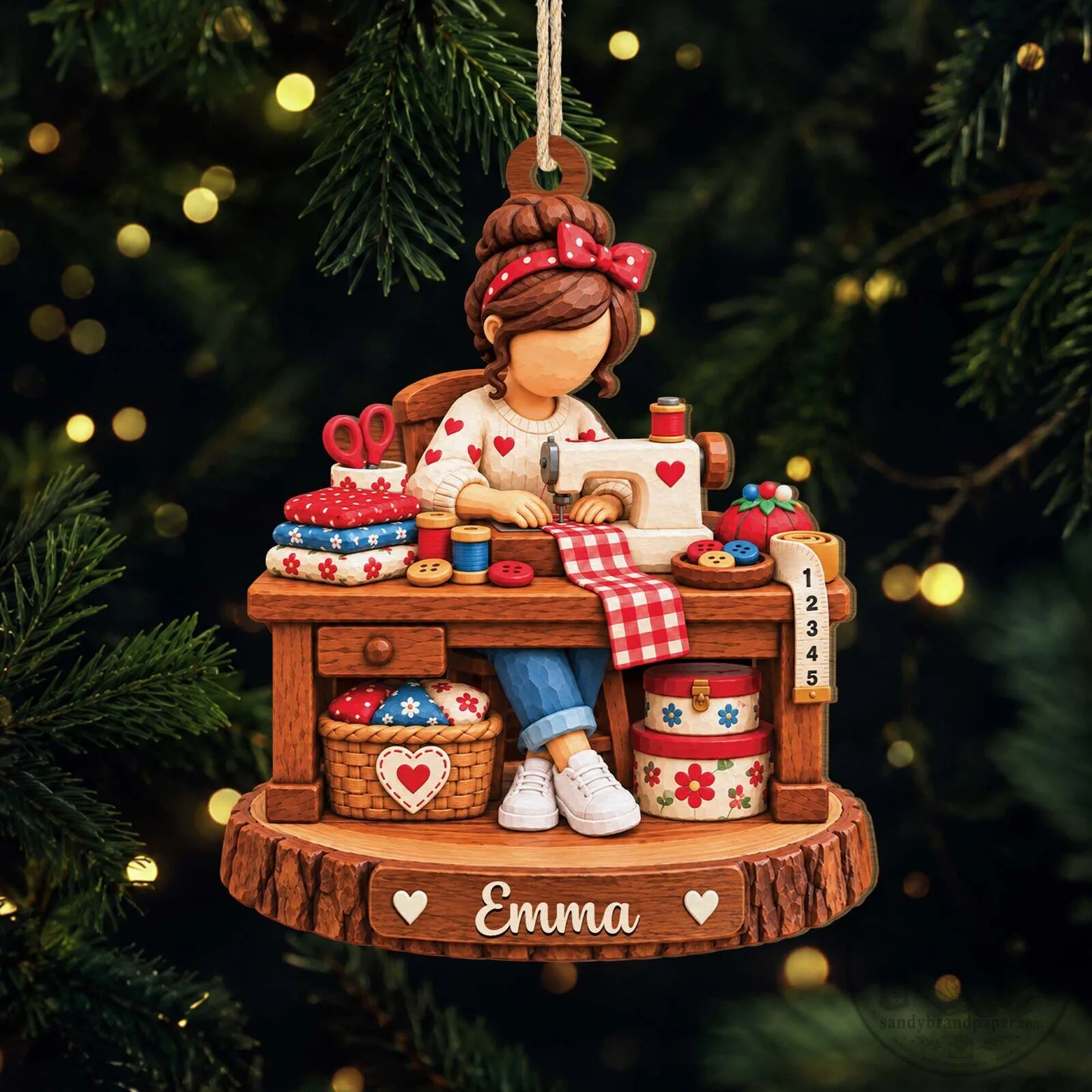 Personalized Sewing Girl Wooden Christmas Tree Ornament