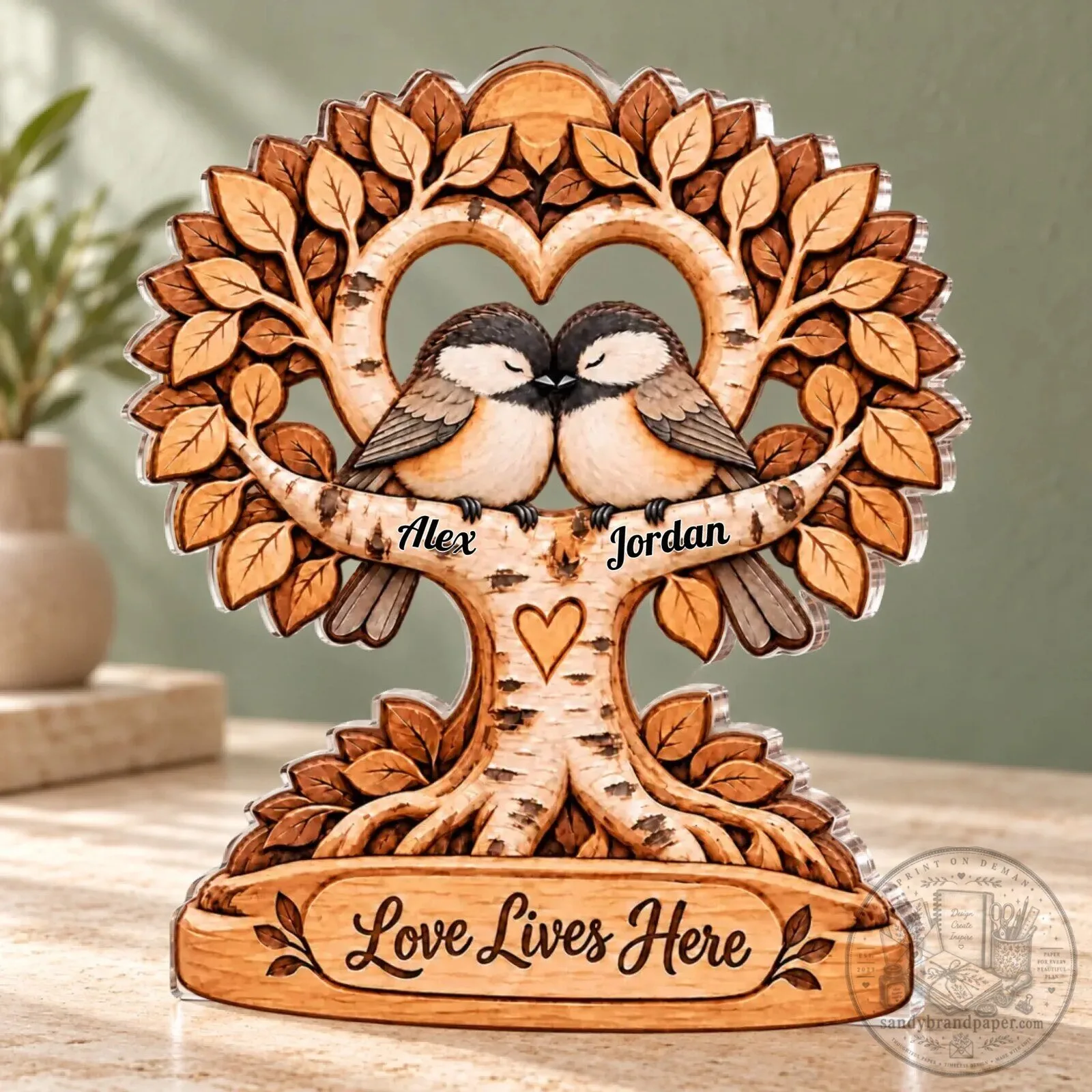 Personalized Love Lives Here Birds on Tree Acrylic Plaque Custom Gift