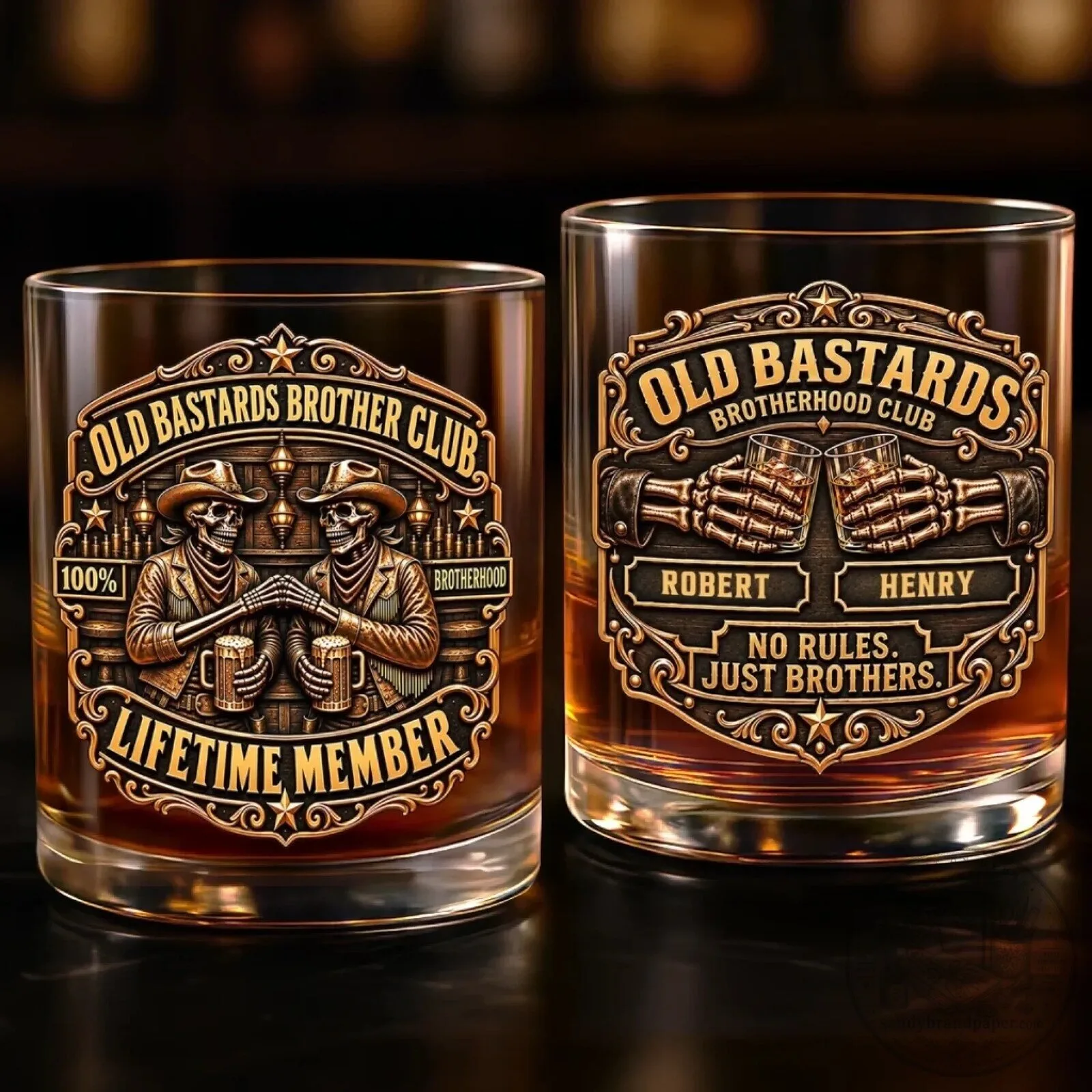 Old Bastards Brotherhood Club Personalized Whiskey Drinking Glass for Brothers