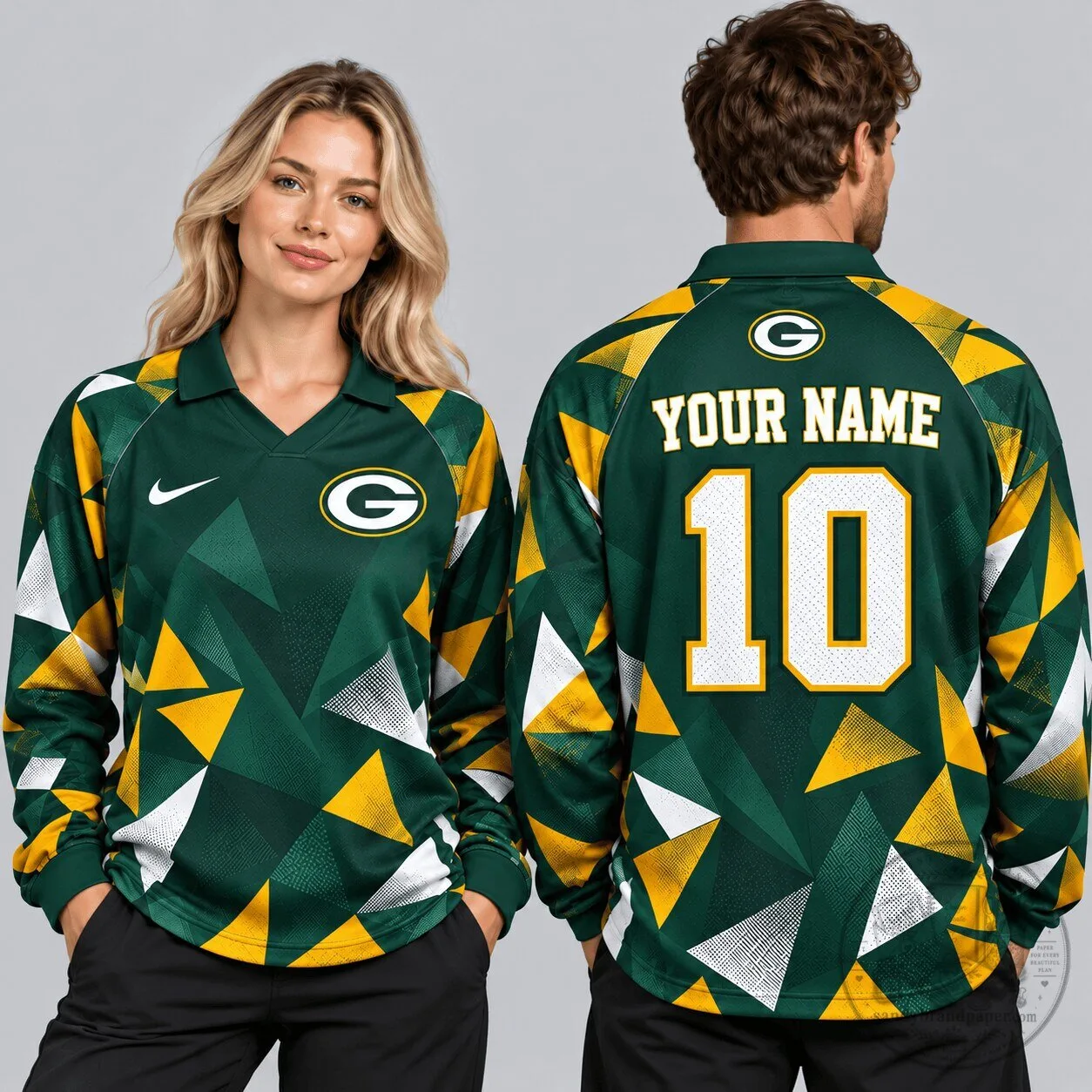 Green Bay Packers Abstract Triangle Camo Custom Name Number Long-Sleeve Polo Shirt