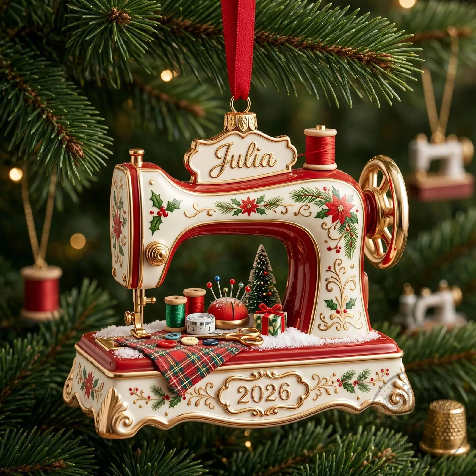 Personalized Sewing Machine Christmas Ornament with Custom Name and Year